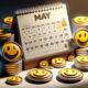 meme coins next to a may calendar