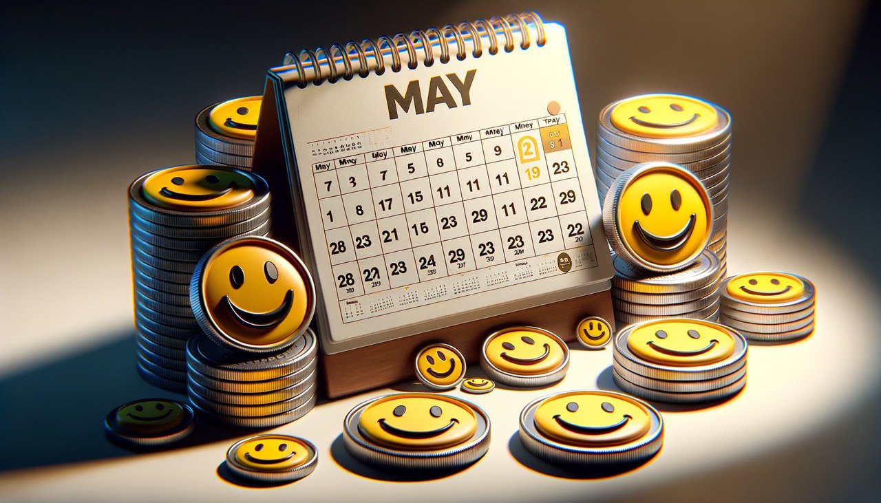 meme coins next to a may calendar