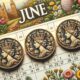 three coins next to a june calendar