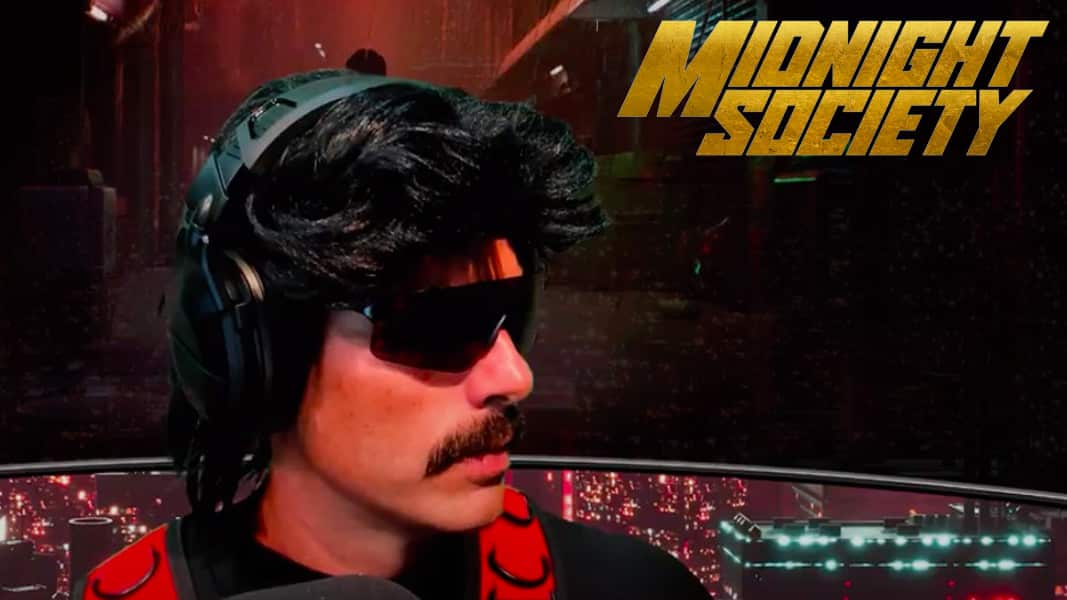 Dr Disrespect streaming next to Midnight SOciety logo