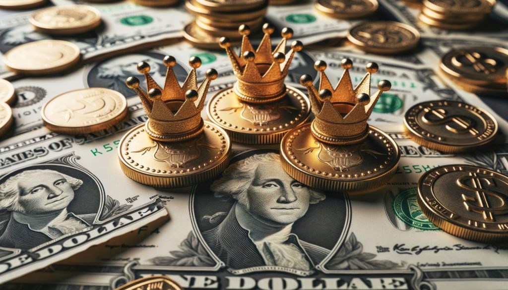 three cryptocurrencies under $10 surrounded by piles of money and crowns