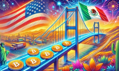 A vibrant, colorful illustration depicting a bridge connecting the United States and Mexico, with digital coins flowing seamlessly across the bridge, symbolizing the ease and efficiency of cross-border transactions using cryptocurrency.