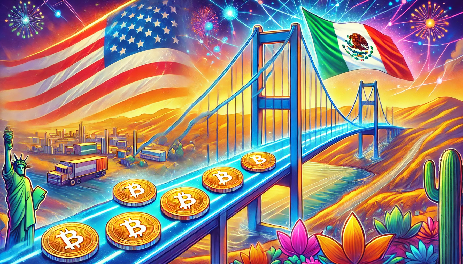 A vibrant, colorful illustration depicting a bridge connecting the United States and Mexico, with digital coins flowing seamlessly across the bridge, symbolizing the ease and efficiency of cross-border transactions using cryptocurrency.