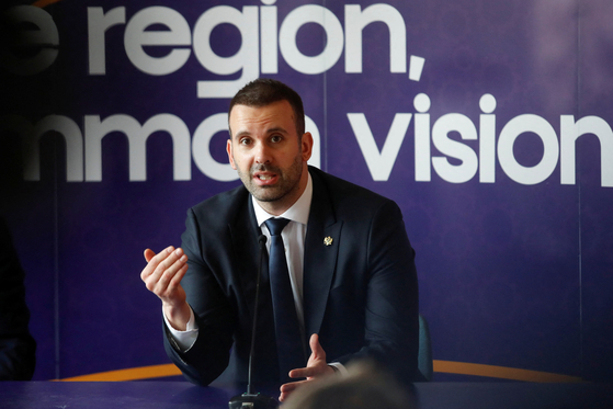 Montenegro's prime minister, Milojko Spajic, speaks at a press conference during a summit of leaders of the Western Balkans and the European Union in Montenegro on May 16. [REUTERS/YONHAP]