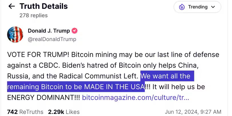 screenshot of a tweet from Donald Trump on his cryptocurrency social platform