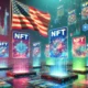 Digital landscape with NFT cards floating in a virtual space, American flag waving in the background